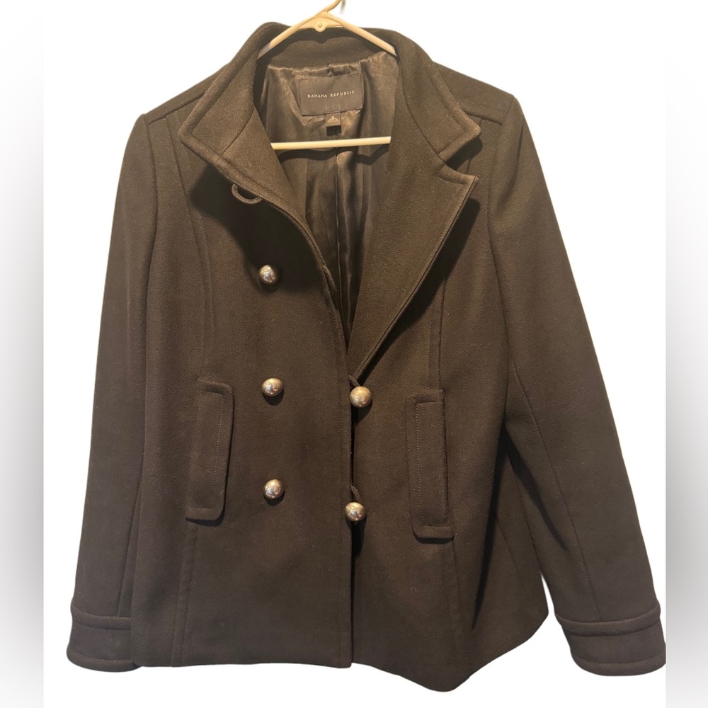 GUC Banana Republic black medium women pea coat wool silver buttons vintage 90s - Picture 1 of 11